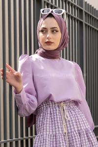 Modalamelif Bel Lastikli Balon Kol Bluz Lila