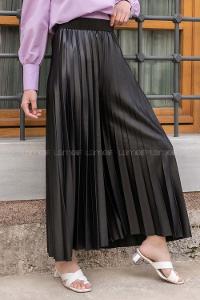 Modalamelif Bel Lastikli Pileli Deri Görünümlü Pantolon Siyah