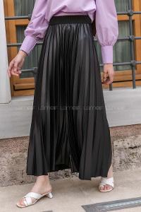 Modalamelif Bel Lastikli Pileli Deri Görünümlü Pantolon Siyah