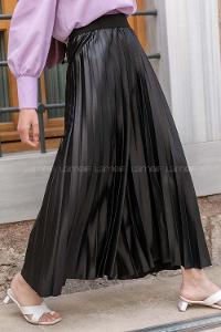 Modalamelif Bel Lastikli Pileli Deri Görünümlü Pantolon Siyah