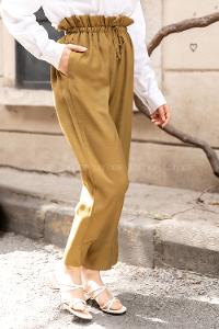 Modalamelif Beli Fırfırlı Bol Paça Pantolon Yağ Yeşili