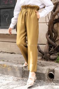 Modalamelif Beli Fırfırlı Bol Paça Pantolon Yağ Yeşili