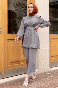 Modalamelif Kemerli Gömlek İkili Takım Gri