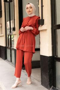 Modalamelif Kemerli Gömlek İkili Takım Kiremit