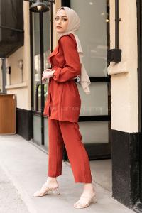 Modalamelif Kemerli Gömlek İkili Takım Kiremit
