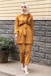 Modalamelif Omuz Fırfırlı İkili Takım Hardal Sarısı
