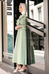 Modalamelif Önü Fırfırlı Kuşaklı Elbise Çağla