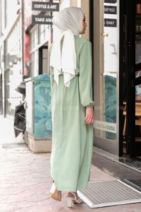 Modalamelif Önü Fırfırlı Kuşaklı Elbise Çağla