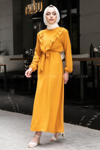 Modalamelif Önü Fırfırlı Kuşaklı Elbise Hardal Sarısı