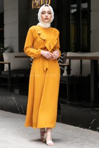 Modalamelif Önü Fırfırlı Kuşaklı Elbise Hardal Sarısı