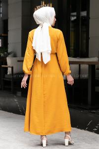 Modalamelif Önü Fırfırlı Kuşaklı Elbise Hardal Sarısı