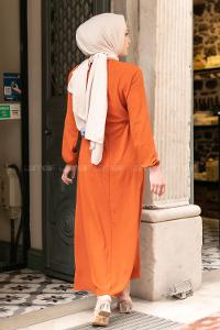 Modalamelif Önü Fırfırlı Kuşaklı Elbise Kiremit