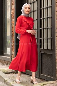 Modalamelif Önü Fırfırlı Kuşaklı Elbise Kırmızı