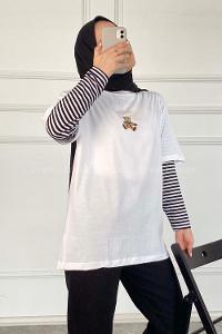 Modalamelif Ayıcık Baskılı Oversize T-Shirt Beyaz
