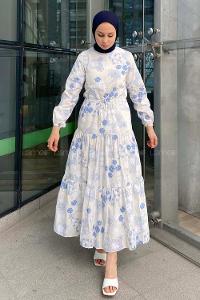 Modalamelif Beli Bağcıklı Desenli Elbise Açık Mavi