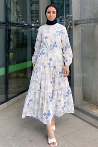 Modalamelif Beli Bağcıklı Desenli Elbise Açık Mavi