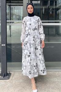 Modalamelif Beli Bağcıklı Desenli Elbise Siyah