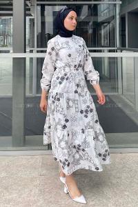 Modalamelif Beli Bağcıklı Desenli Elbise Siyah