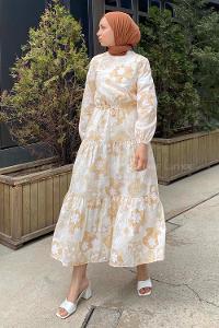 Modalamelif Beli Bağcıklı Desenli Elbise Sütlü Kahve