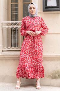Modalamelif Beli Lastikli Desenli Dokuma Elbise Kırmızı