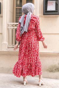 Modalamelif Beli Lastikli Desenli Dokuma Elbise Kırmızı