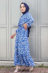 Modalamelif Beli Lastikli Desenli Dokuma Elbise Mavi