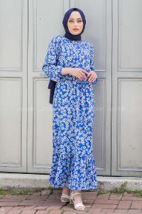 Modalamelif Beli Lastikli Desenli Dokuma Elbise Mavi