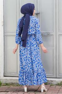 Modalamelif Beli Lastikli Desenli Dokuma Elbise Mavi