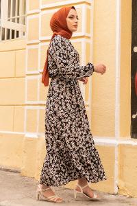 Modalamelif Beli Lastikli Desenli Dokuma Elbise Siyah Kırmızı