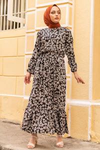 Modalamelif Beli Lastikli Desenli Dokuma Elbise Siyah Kırmızı