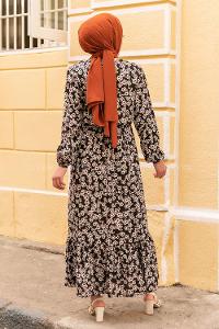 Modalamelif Beli Lastikli Desenli Dokuma Elbise Siyah Kırmızı