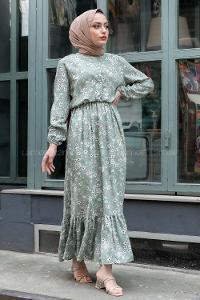 Modalamelif Beli Lastikli Papatya Desen Elbise Çağla