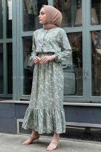 Modalamelif Beli Lastikli Papatya Desen Elbise Çağla