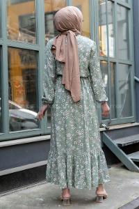 Modalamelif Beli Lastikli Papatya Desen Elbise Çağla