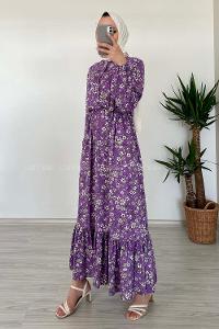 Modalamelif Beli Lastikli Papatya Desen Elbise Eflatun