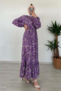 Modalamelif Beli Lastikli Papatya Desen Elbise Eflatun