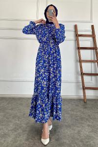 Modalamelif Beli Lastikli Papatya Desen Elbise Mavi