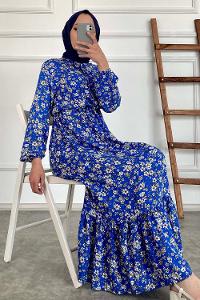 Modalamelif Beli Lastikli Papatya Desen Elbise Mavi