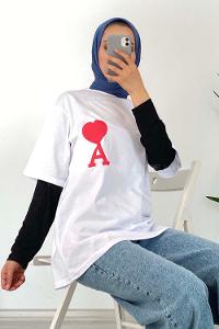 Modalamelif Bisiklet Yaka Kalpli T-Shirt Beyaz