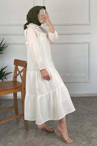 Modalamelif Brode Detaylı Keten Elbise Ekru