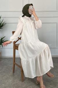 Modalamelif Brode Detaylı Keten Elbise Ekru