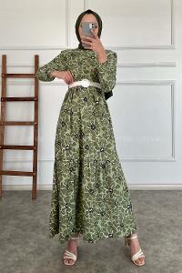 Modalamelif Çiçek Desen Kemerli Pegasus Elbise Çağla