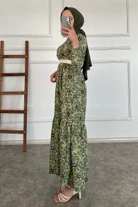 Modalamelif Çiçek Desen Kemerli Pegasus Elbise Çağla