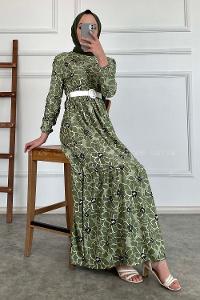 Modalamelif Çiçek Desen Kemerli Pegasus Elbise Çağla