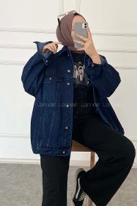 Dark Blue Shirt Collar Long Arm Cotton Fabric Denim Jacket