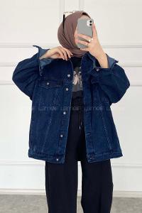 Dark Blue Shirt Collar Long Arm Cotton Fabric Denim Jacket