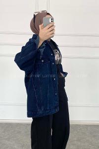 Dark Blue Shirt Collar Long Arm Cotton Fabric Denim Jacket