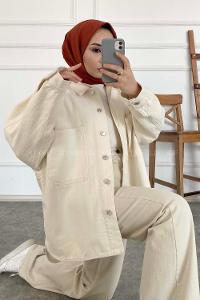 Modalamelif Çift Cepli Oversize Ceket Taş