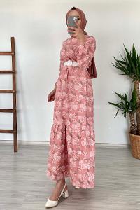 Modalamelif Deri Kemerli Desenli Elbise Gül