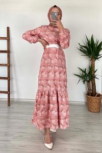 Modalamelif Deri Kemerli Desenli Elbise Gül